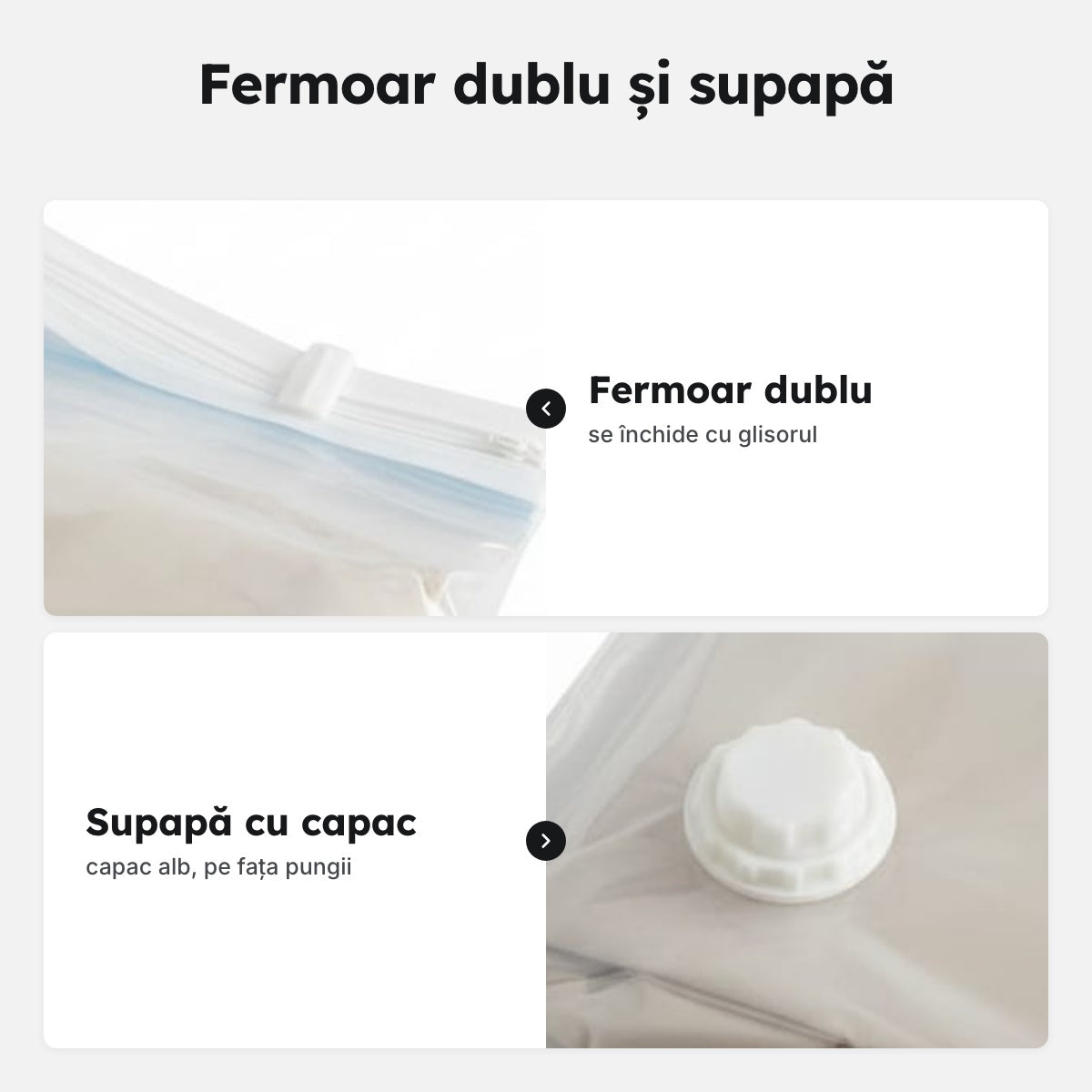 O pungă de vid transparentă 60 × 80 cm, cu supapă și fermoar dublu – Fermoar dublu și supapă