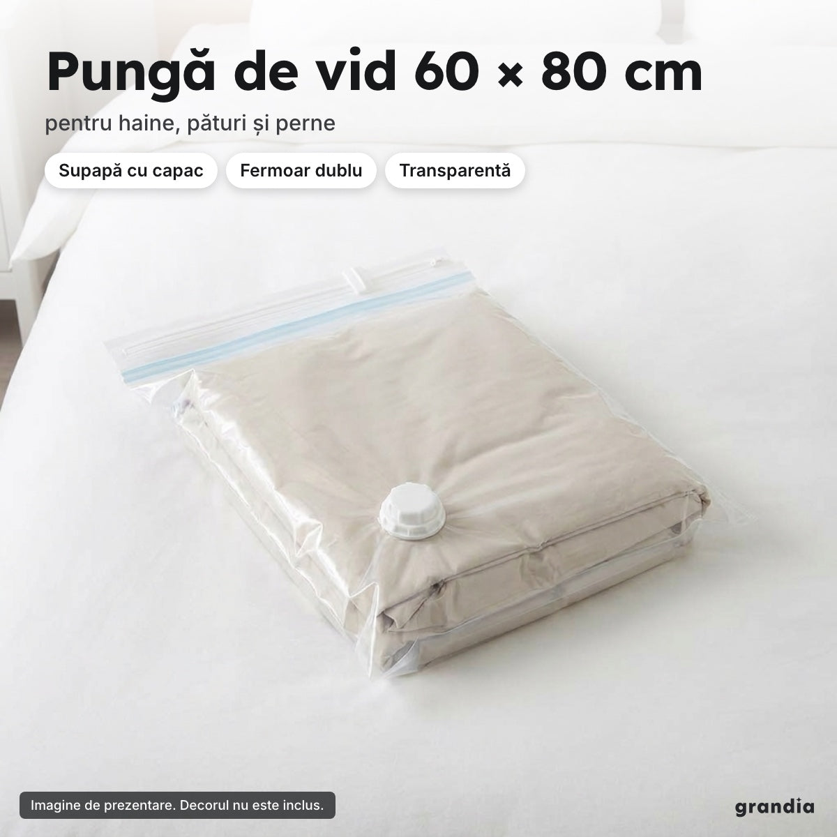 O pungă de vid transparentă 60 × 80 cm, cu supapă și fermoar dublu – Pungă de vid 60 × 80 cm