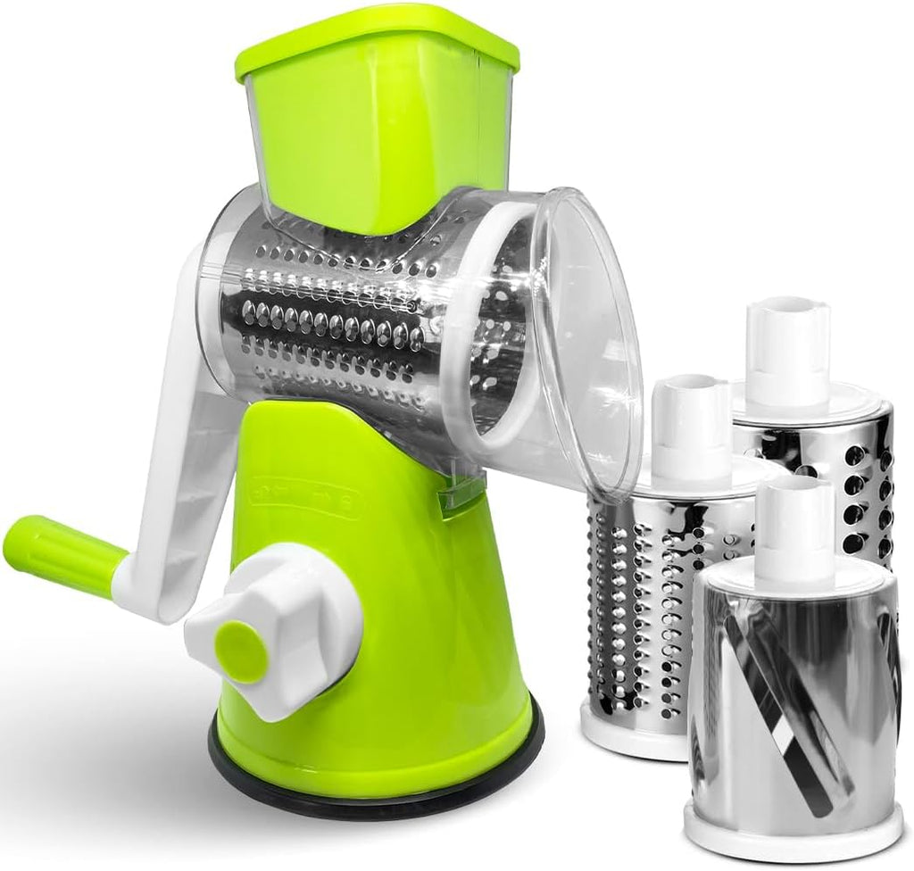Răzătoare rotativă cu manivelă și 3 tambure metalice, verde cu alb