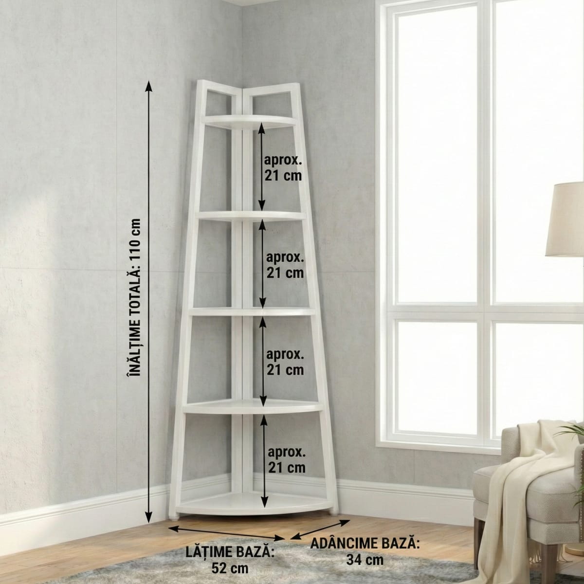 Raft biblioteca de colt cu 5 polite, alb, 52 x 34 x 110cm 3