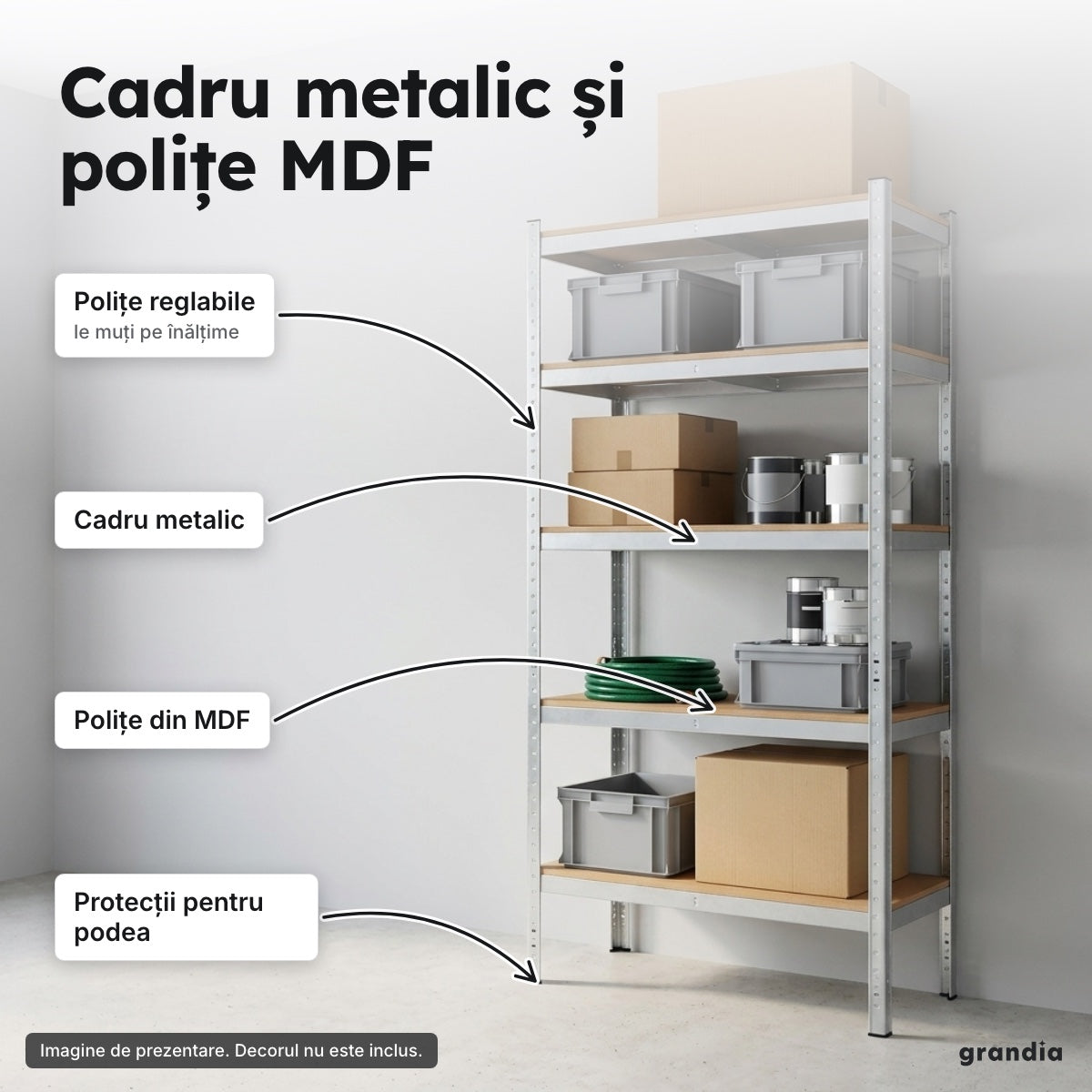 Raft metalic cu polițe MDF, 180 cm – Cadru metalic și polițe MDF