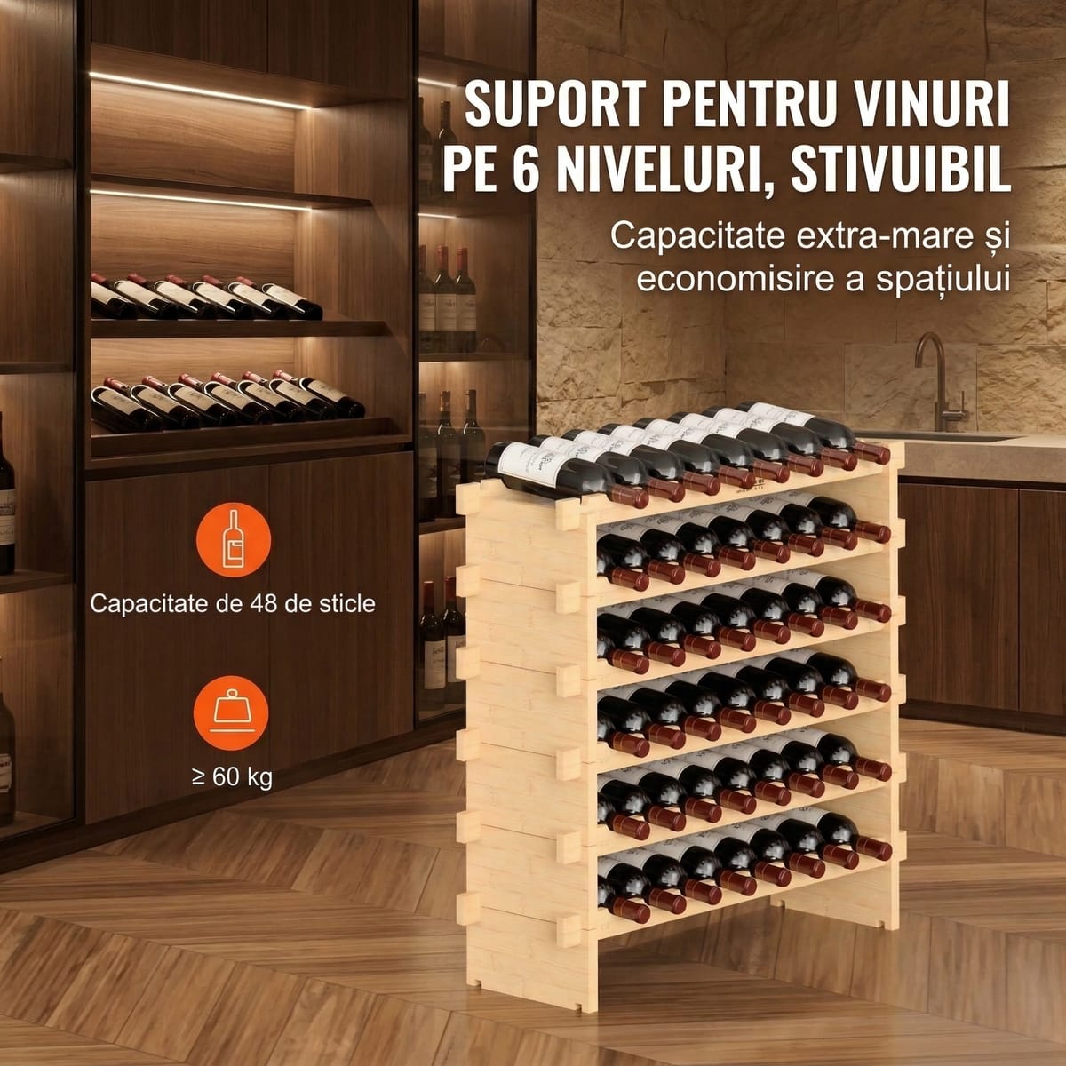 Raft de Vinuri Modular din Bambus, 48 Sticle, Design Elegant și Rezistență Superioară 2