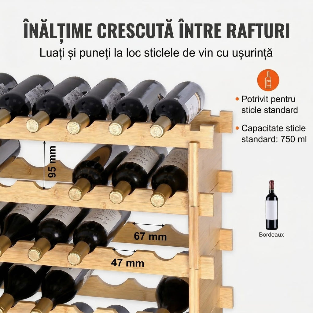 Raft de Vinuri Modular din Bambus, 48 Sticle, Design Elegant și Rezistență Superioară 3