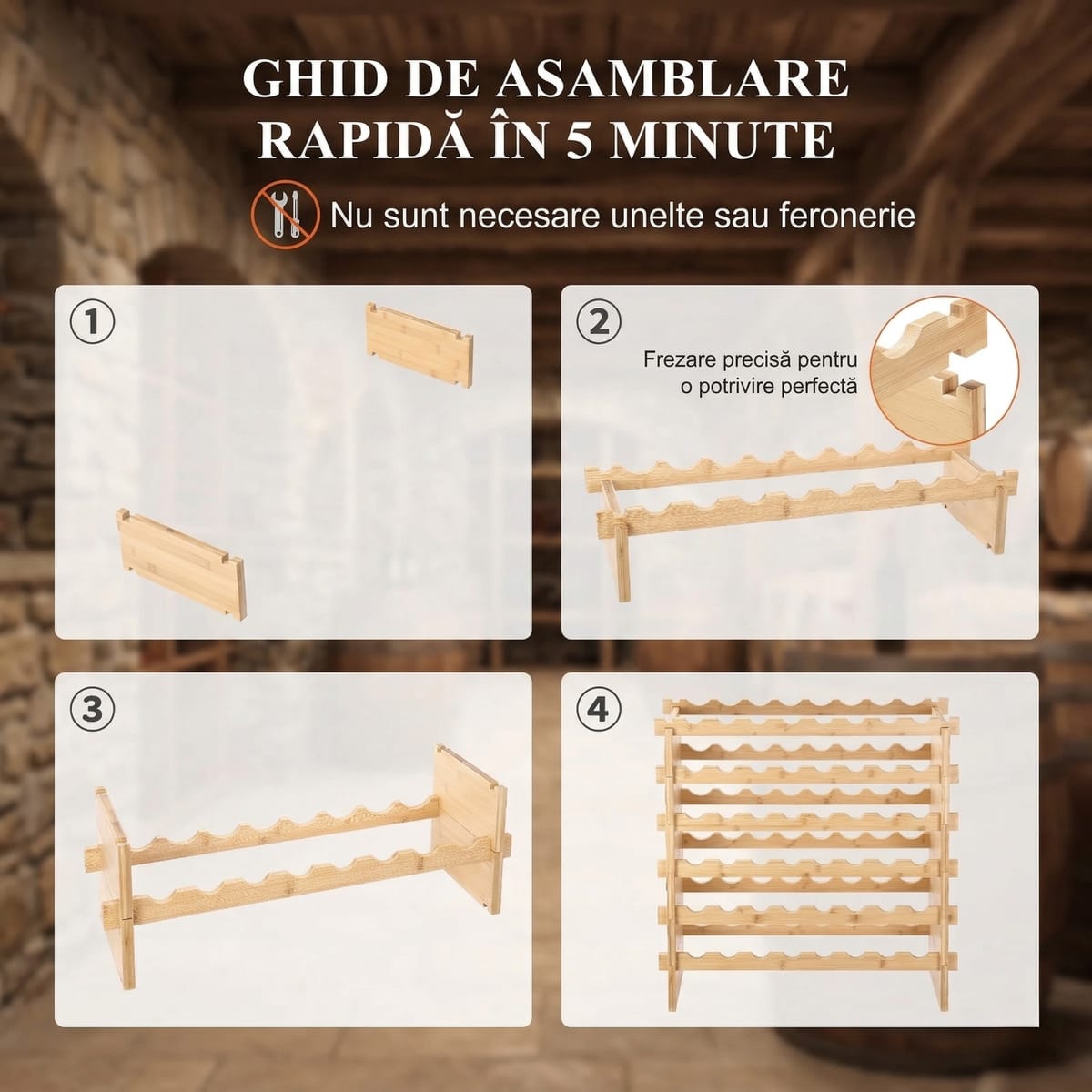 Raft de Vinuri Modular din Bambus, 48 Sticle, Design Elegant și Rezistență Superioară 5
