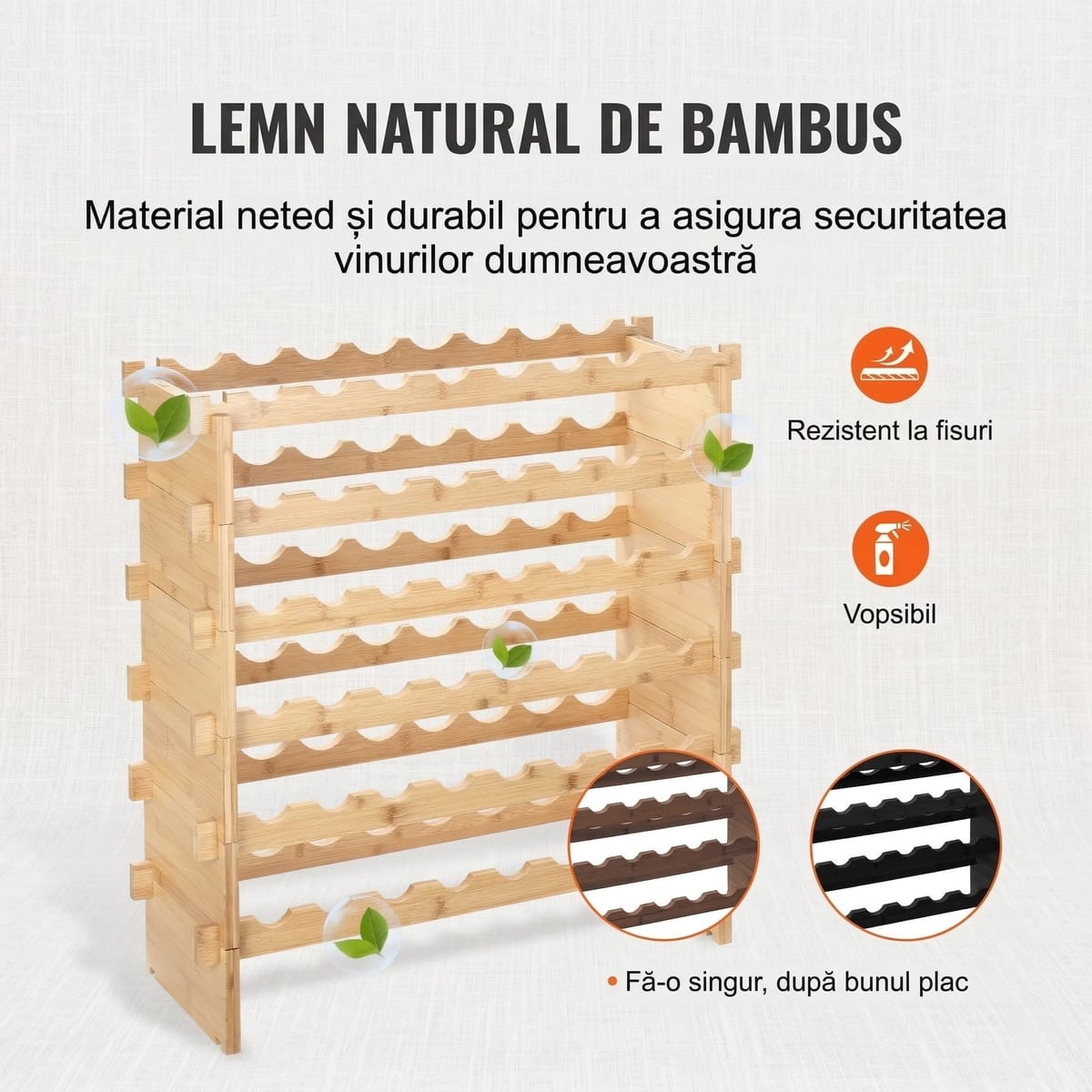Raft de Vinuri Modular din Bambus, 48 Sticle, Design Elegant și Rezistență Superioară 7