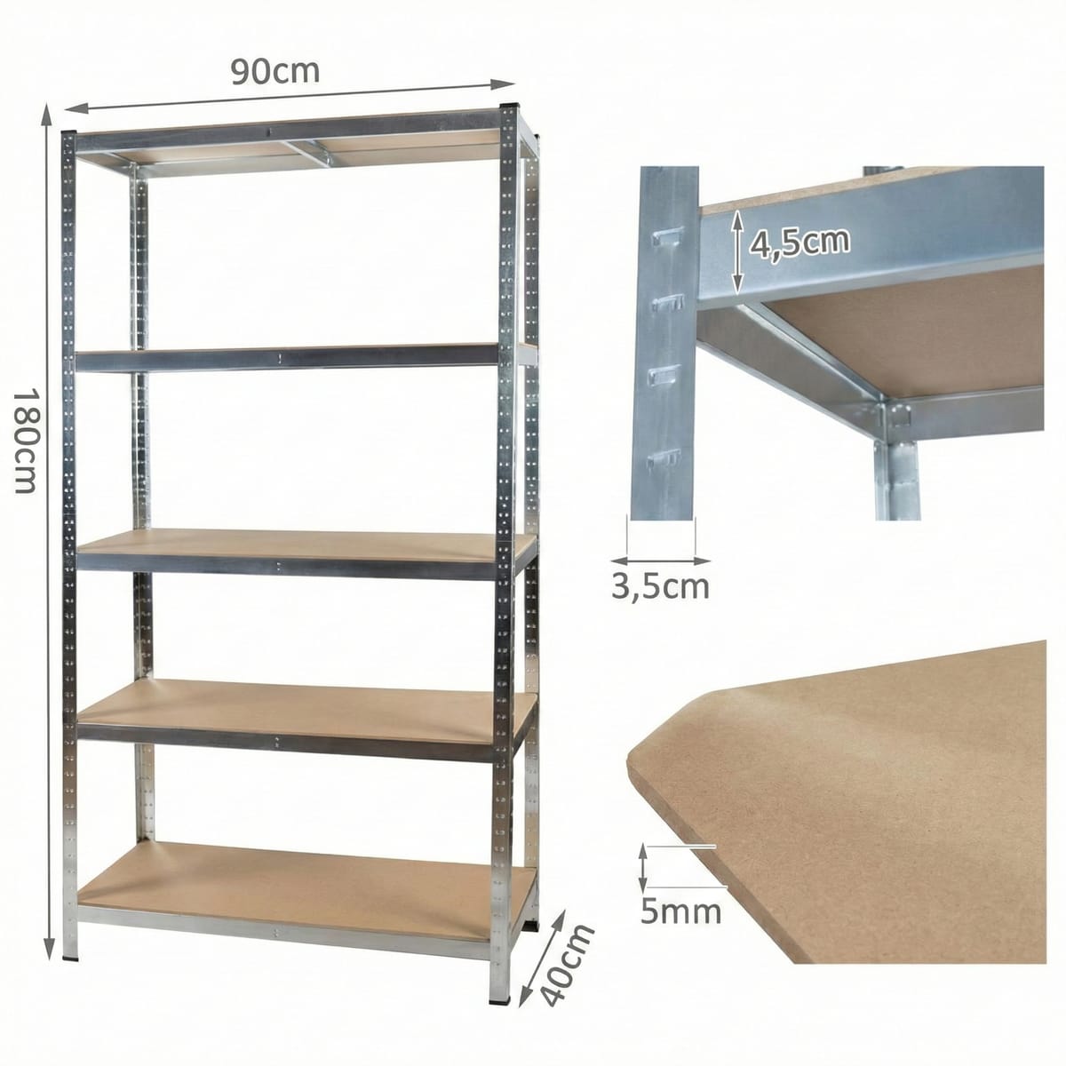 Raft metalic cu 5 polițe MDF, cadru din oțel galvanizat, 150×70×35 cm, 175 kg/poliță 2