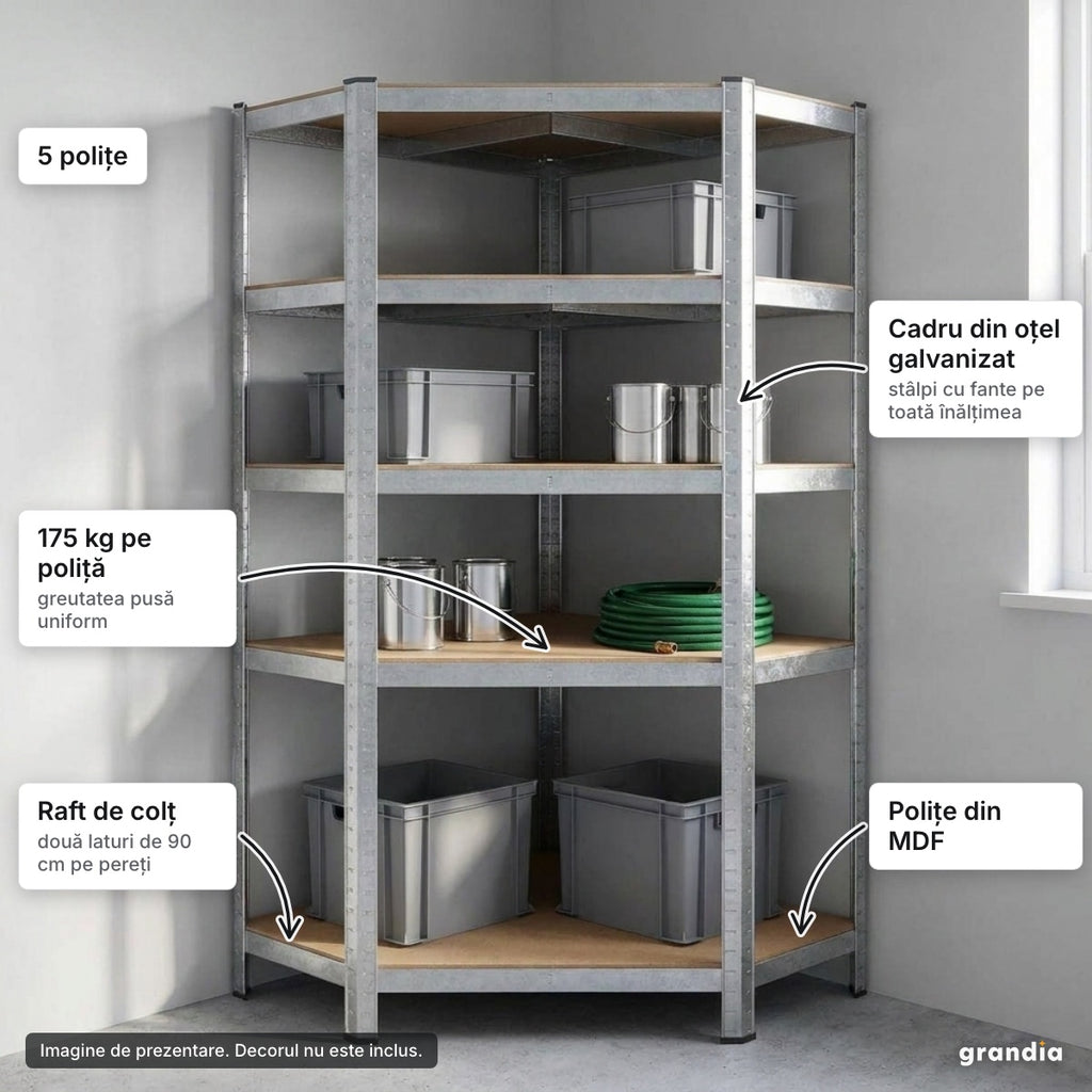 Raft metalic de colț, 5 polițe MDF, 180 cm – elemente principale