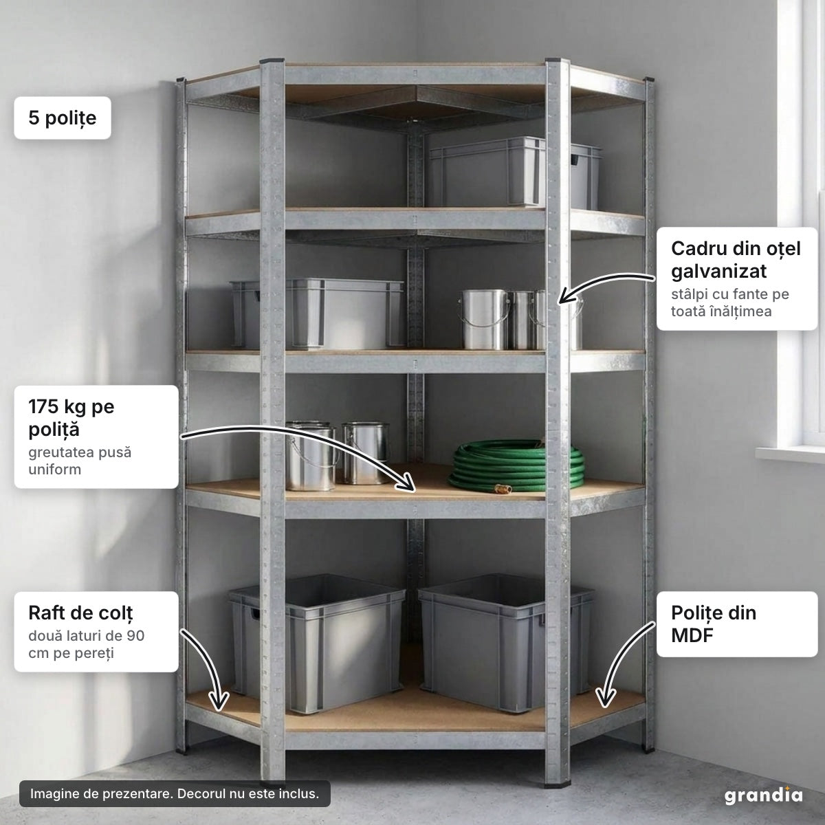 Raft metalic de colț, 5 polițe MDF, 180 cm – elemente principale