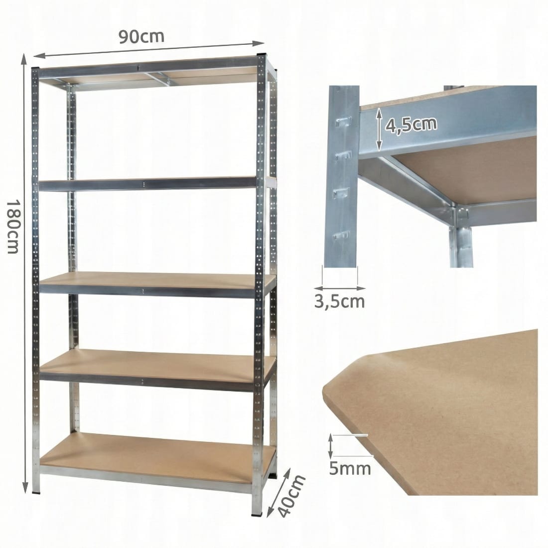 Raft metalic de depozitare, 5 polite MDF, otel galvanizat 180x90x40, 175kg/polita 6