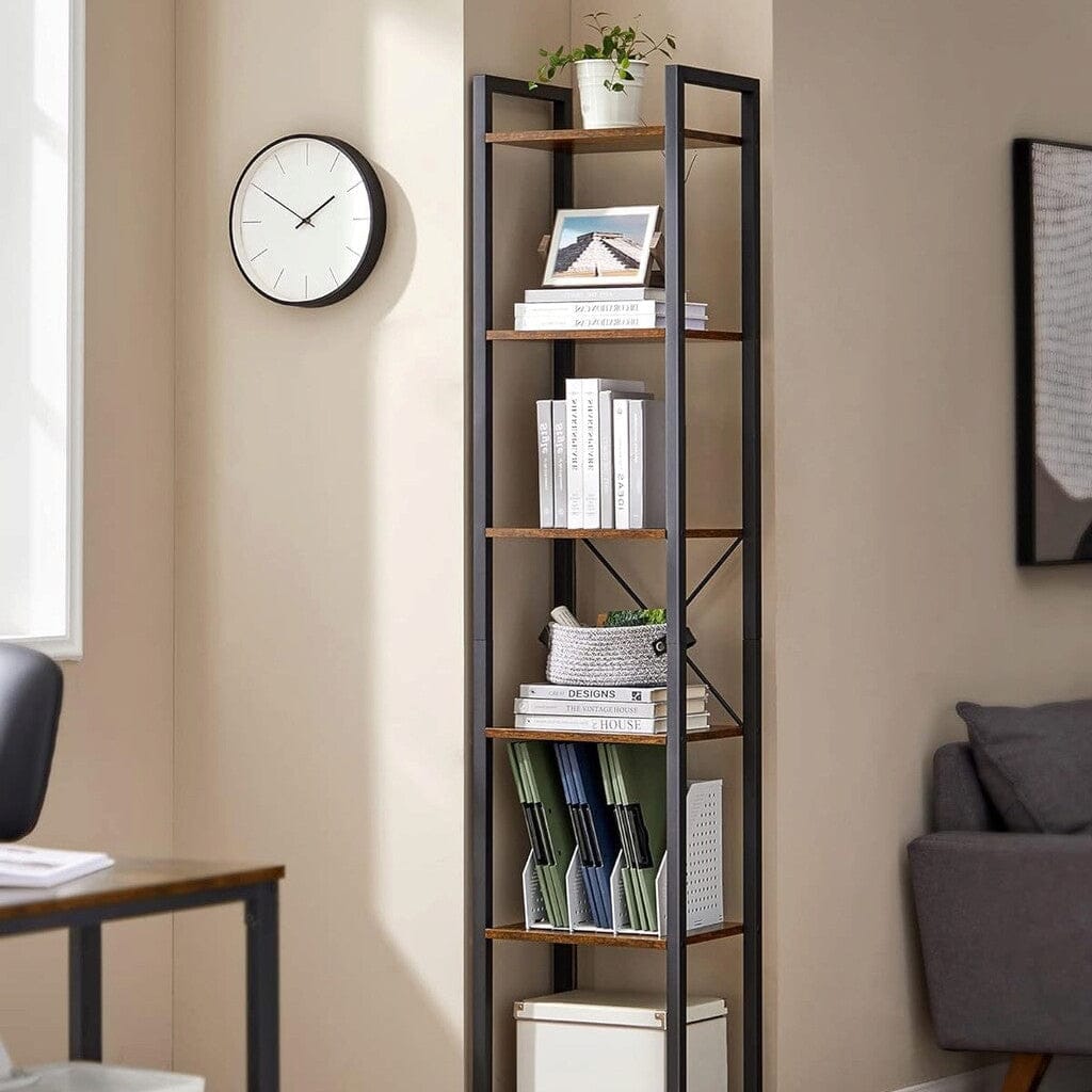 Raft tip biblioteca cu 6 etaje, cadru metalic si polite din lemn, 30x40x187 cm, stil industrial maro rustic-negru 1