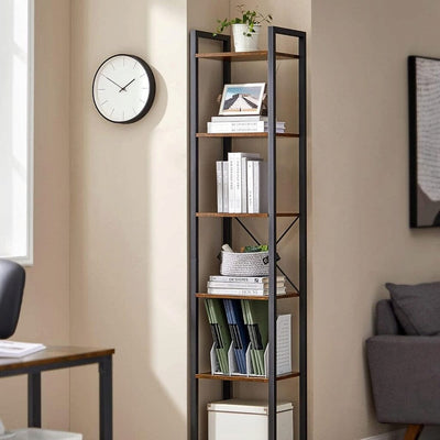 Raft tip biblioteca cu 6 etaje, cadru metalic si polite din lemn, 30x40x187 cm, stil industrial maro rustic-negru 1