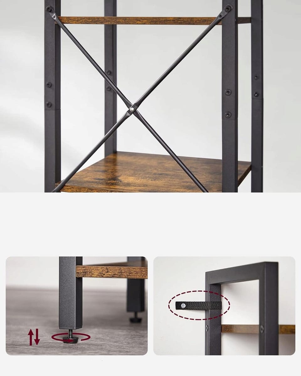 Raft tip biblioteca cu 6 etaje, cadru metalic si polite din lemn, 30x40x187 cm, stil industrial maro rustic-negru 2