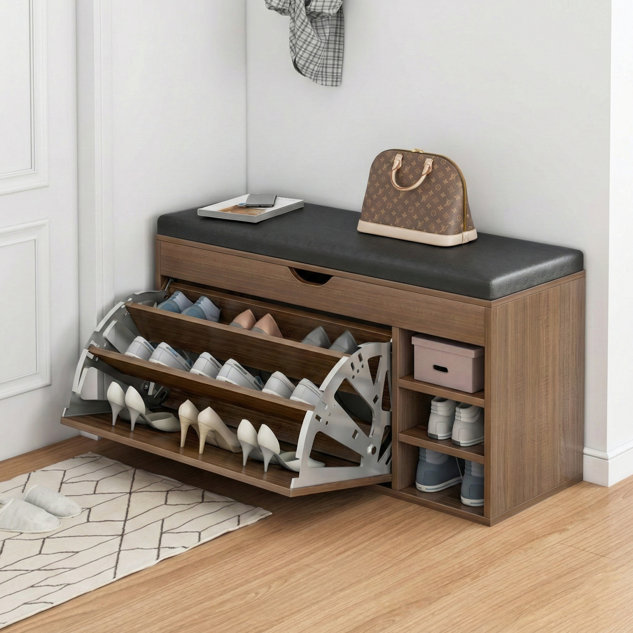 Dulap pentru pantofi tip bancheta cu Rafturi, Alb/Maro, 80 x 34 x 50 cm