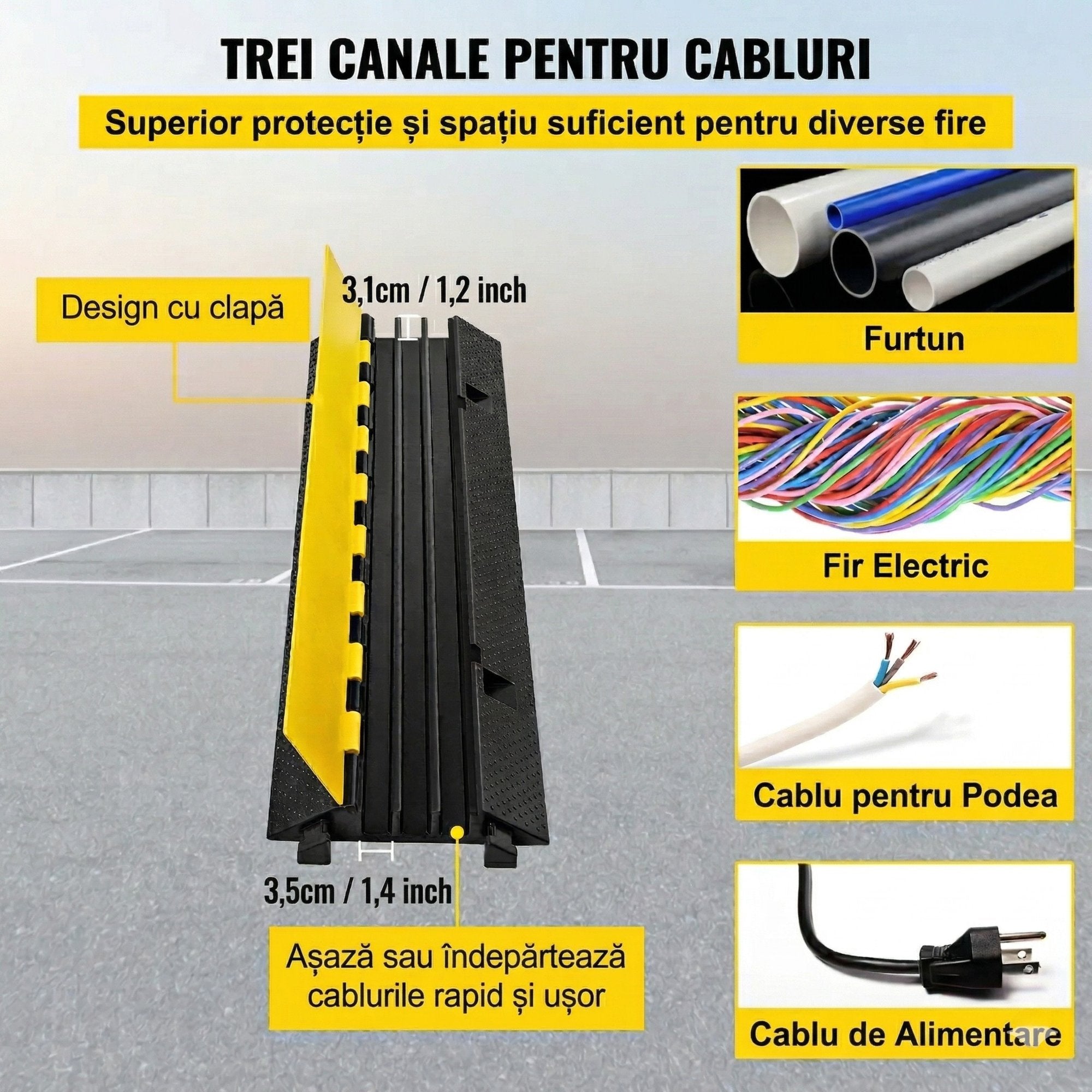 Rampa Protectie Cabluri cu 3 Canale – 103x30x5.5 cm, Capacitate 10 Tone 4