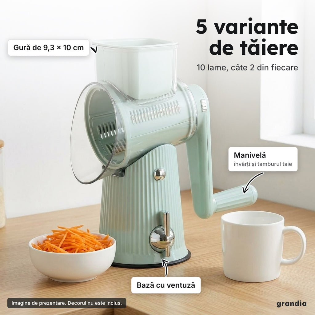 Răzătoare rotativă cu manivelă, 5 variante de tăiere, 27 cm, verde mentă – 5 variante de tăiere