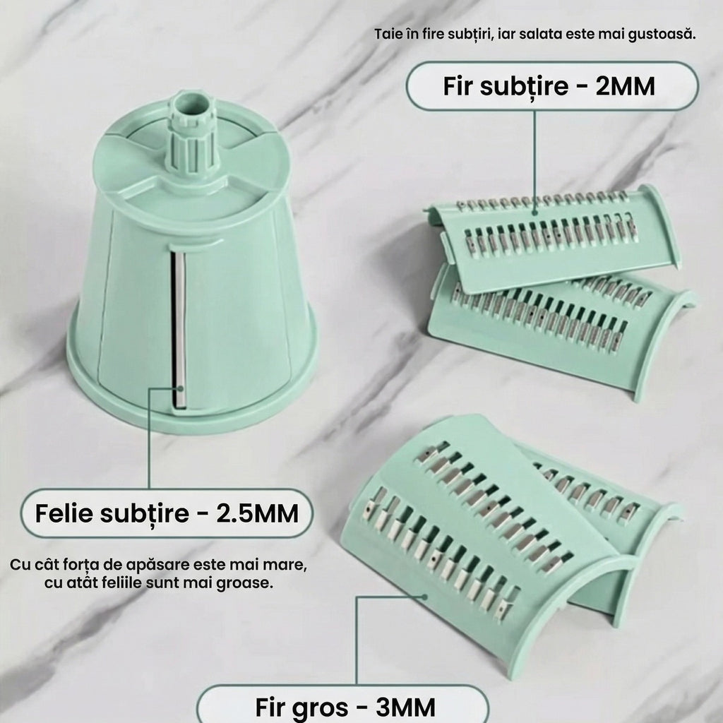 Variantele de tăiere: fir subțire 2 mm, felie 2,5 mm, fir gros 3 mm