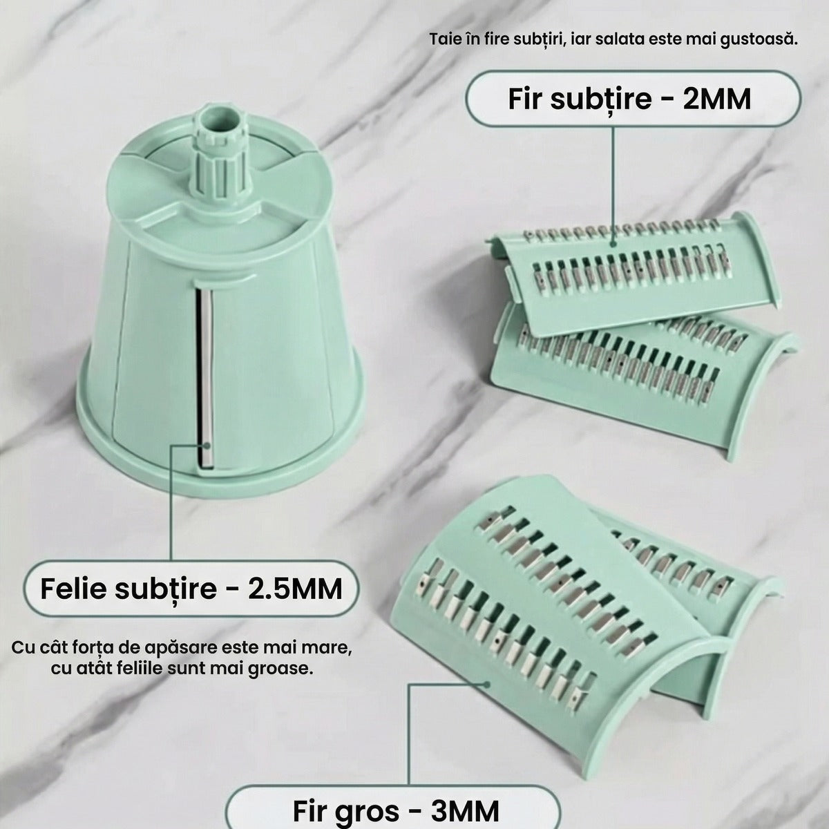Variantele de tăiere: fir subțire 2 mm, felie 2,5 mm, fir gros 3 mm