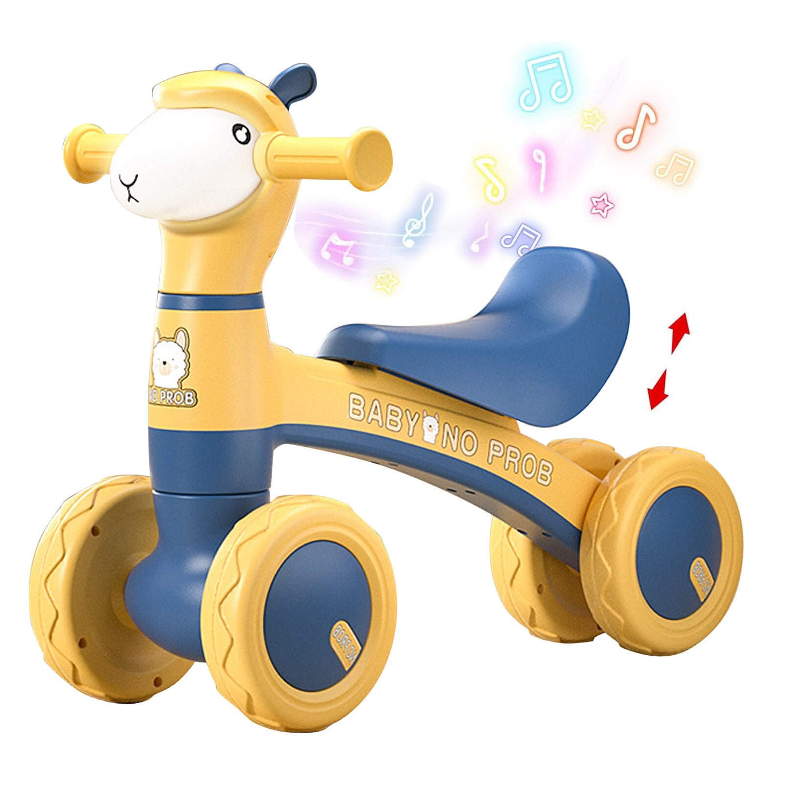 Bicicleta fara pedale pentru copii, 4 roti, lumini si muzica, jucarie de echilibru albastru-galben