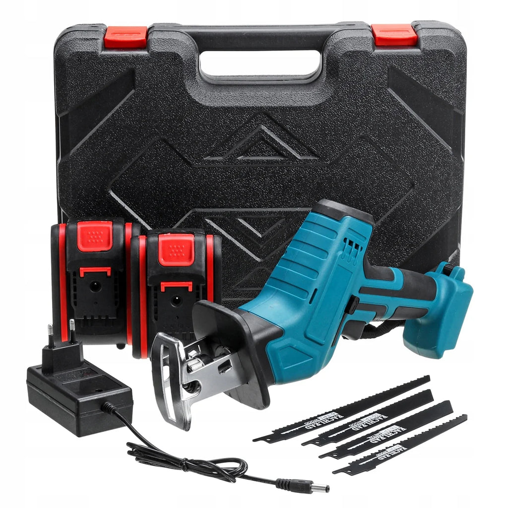 Fierastrau Electric Tip Sabie 21V High Power, Autonomie Dubla (2 Acumulatori), Include 4 Lame Tăiere Lemn/Metal, Albastru