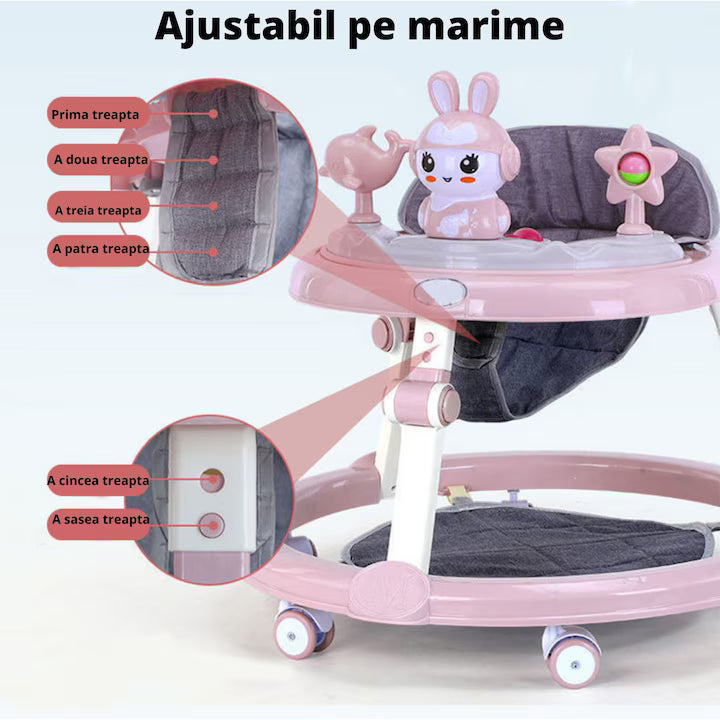 Premergator multifunctional pentru bebelusi, tava cu 3 jucarii si muzica, reglabil si pliabil, max 20 kg, 6–36 luni, roz