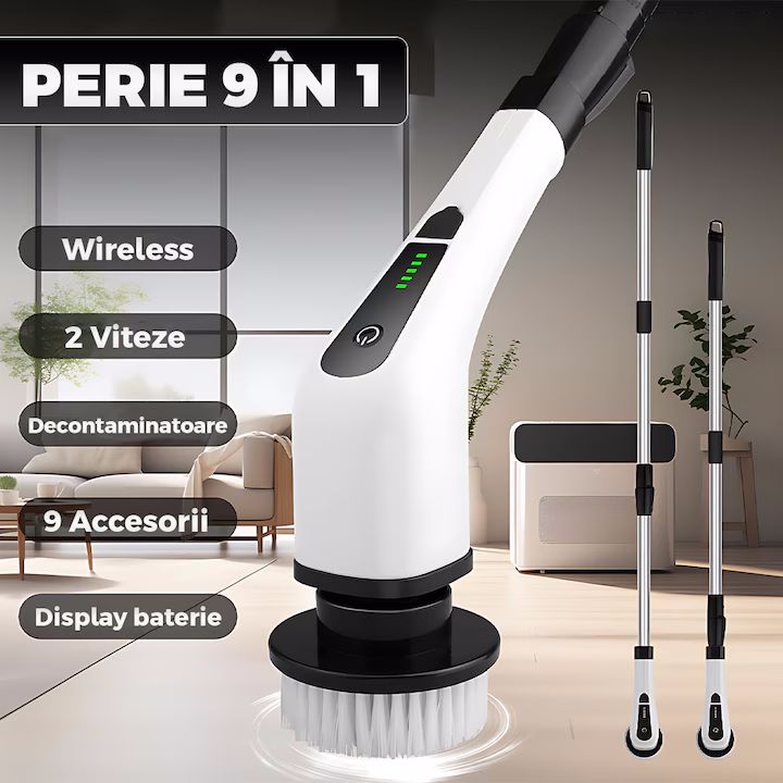 Perie electrică rotativă cu mâner extensibil, 9 capete, 2 viteze