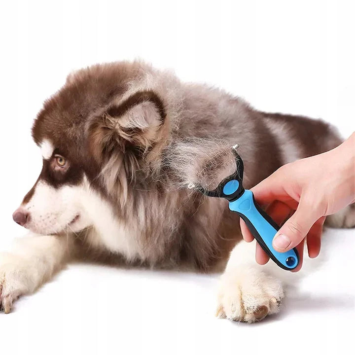 Perie trimmer profesional pentru animale de companie, câini și pisici, din inox dublu, culoare albastră, pentru tuns, contur și descurcarea blănii, ideal pentru grooming acasă