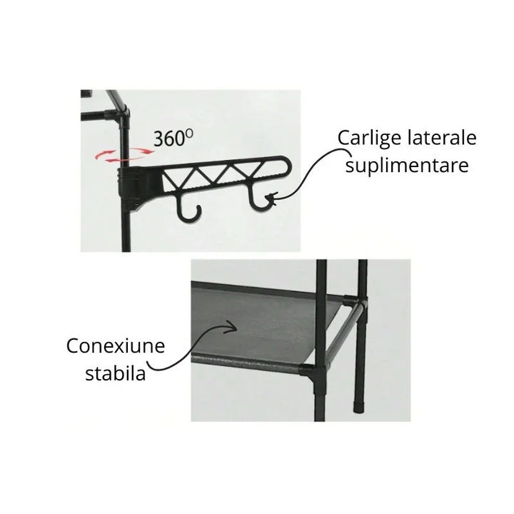 Cuier multifuncțional 175 cm, 8 cârlige și 3 rafturi