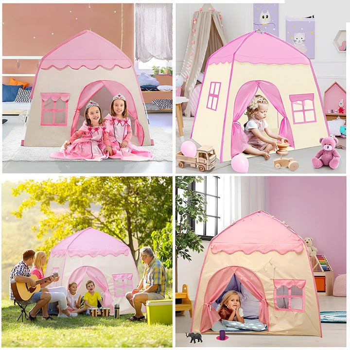 Cort de joaca pentru copii tip casuta, cu covoras dublu fata, usa perdea si geamuri cu plasa, roz