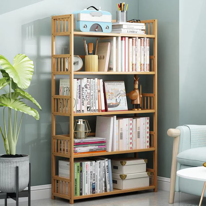 Biblioteca sufragerie, raft carti din lemn de bambus, 5 Rafturi - 80 x 25 x 133 cm