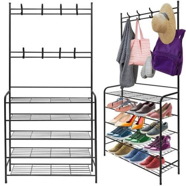 Cuier multifunctional cu suport pentru incaltaminte, 5 rafturi spatioase, 9 carlige robuste,80 cm  cadru metalic rezistent