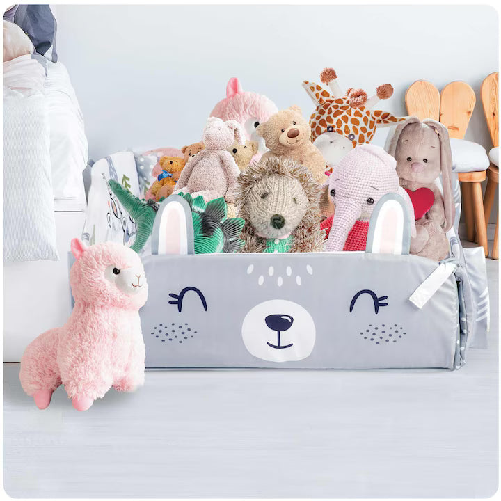 Covoras de joaca 3 in 1 cu pod si perna, model animale din padure, alb-gri