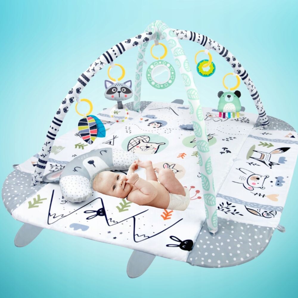 Covoras de joaca 3 in 1 cu pod si perna, model animale din padure, alb-gri