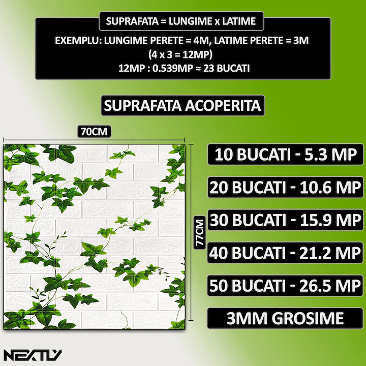 Tapet 3D cărămidă cu iederă 10x panouri autoadezive 4.9mp