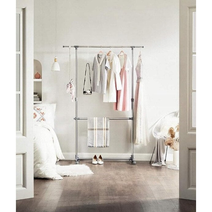 Suport haine pe roti, sina superioara extensibila, reglabil 113-198cm, metalic argintiu