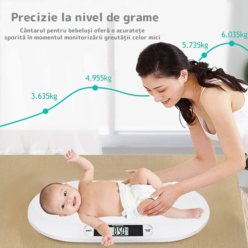 Cantar electronic pentru bebeluși cu display LCD, precizie la gram, max 20 kg, design ergonomic ultra-slim, alb