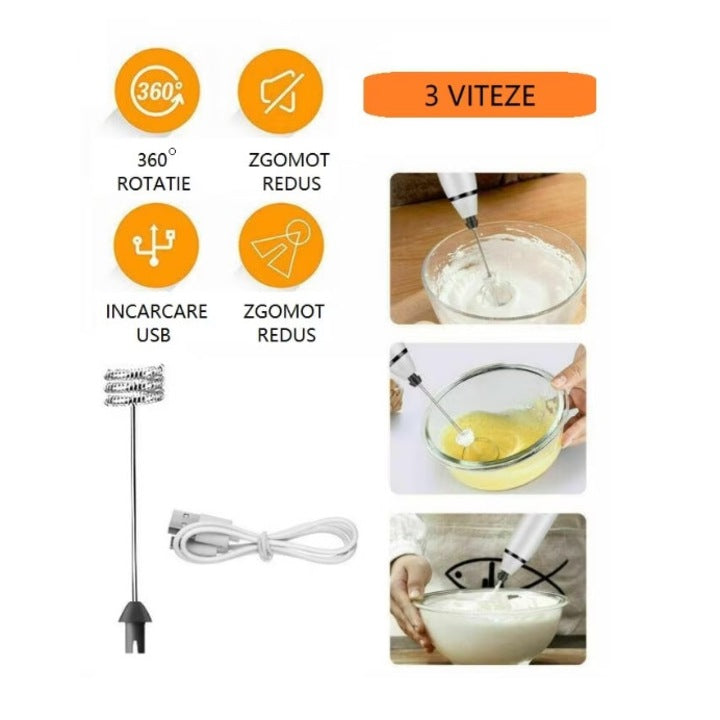 Mini Mixer electric cu acumulator, pentru a face spuma de lapte, frappe, cappucino sau mixat oua, brat otel inoxidabil, incarcare