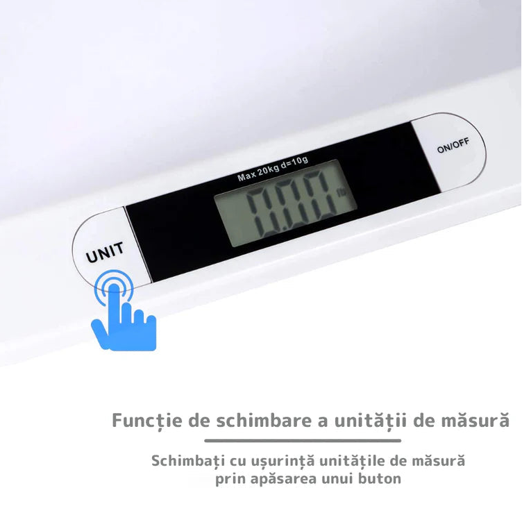 Cantar electronic pentru bebeluși cu display LCD, precizie la gram, max 20 kg, design ergonomic ultra-slim, alb