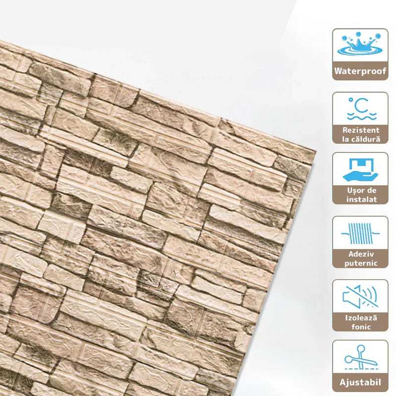 Tapet 3D cărămidă, Model Piatra Naturala, 10x panouri autoadezive , 70x70 cm