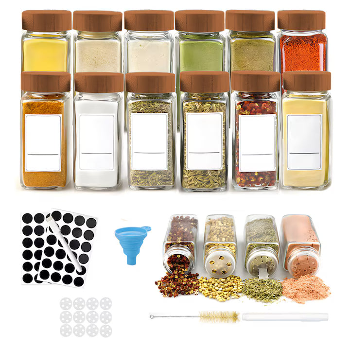 Set 12 recipiente condimente, borcane sticla cu capac bambus, palnie, perie, site, etichete si marker
