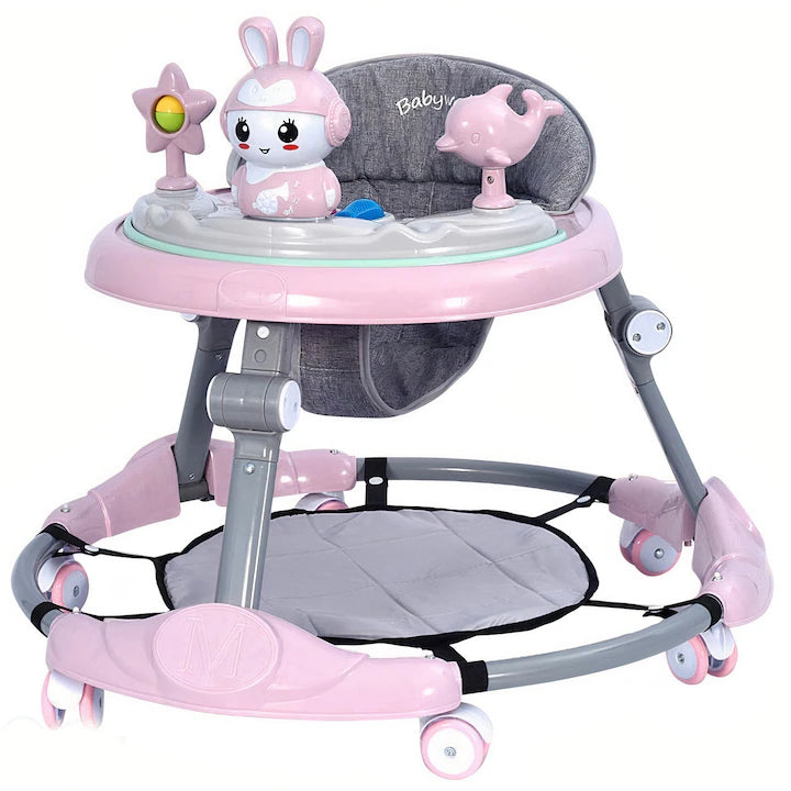 Premergator multifunctional pentru bebelusi, tava cu 3 jucarii si muzica, reglabil si pliabil, max 20 kg, 6–36 luni, roz