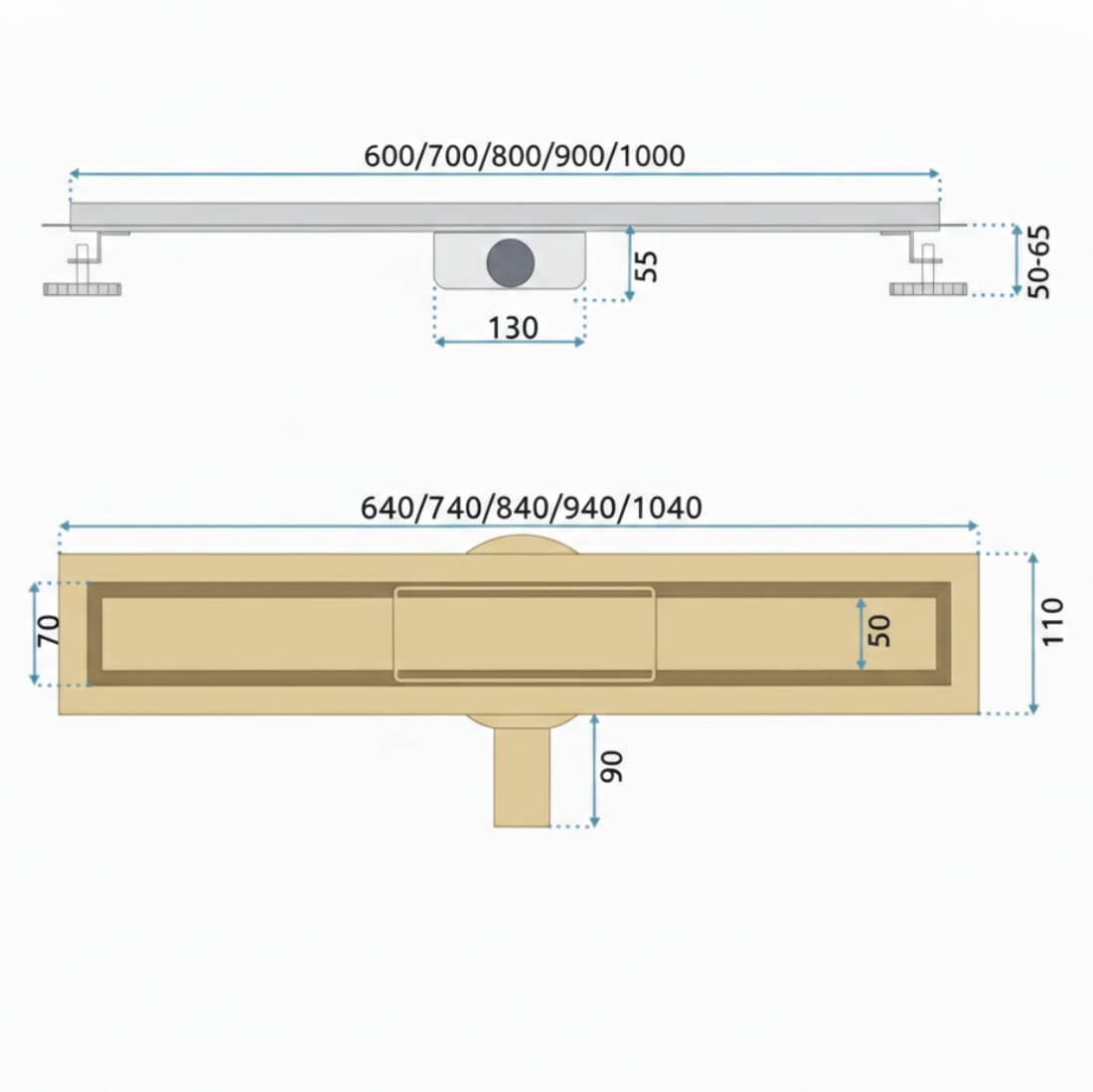Rigola Dus Pro Brush Neox Gold 70 cm - Otel Inoxidabil, Design 2 în 1 7
