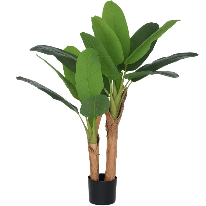 Planta artificiala bananier cu ghiveci, 2 trunchiuri si 15 frunze, 120 cm, decor interior verde