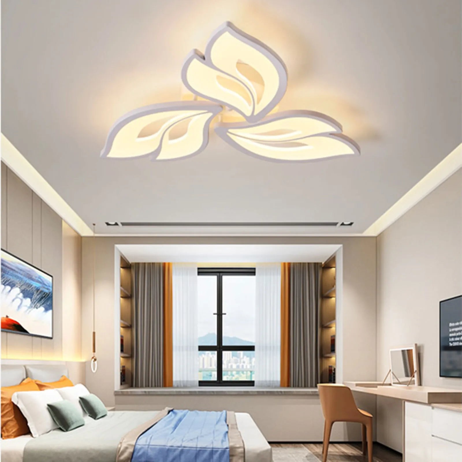 Lustra LED tavan moderna ANEMONE alba, cu telecomanda, echivalent 300 W, design floare 50 cm