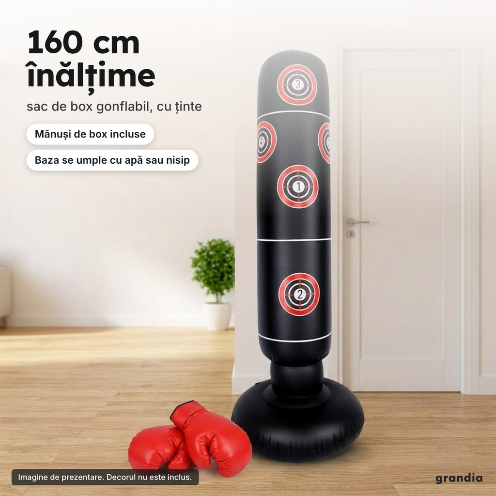 Sac de box gonflabil 160 cm, negru/roșu, cu mănuși – 160 cm înălțime