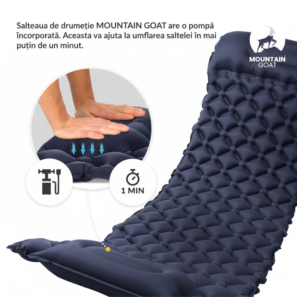 Saltea autogonflabila pentru camping, pompa incorporata, impermeabila, cu tetiera 2