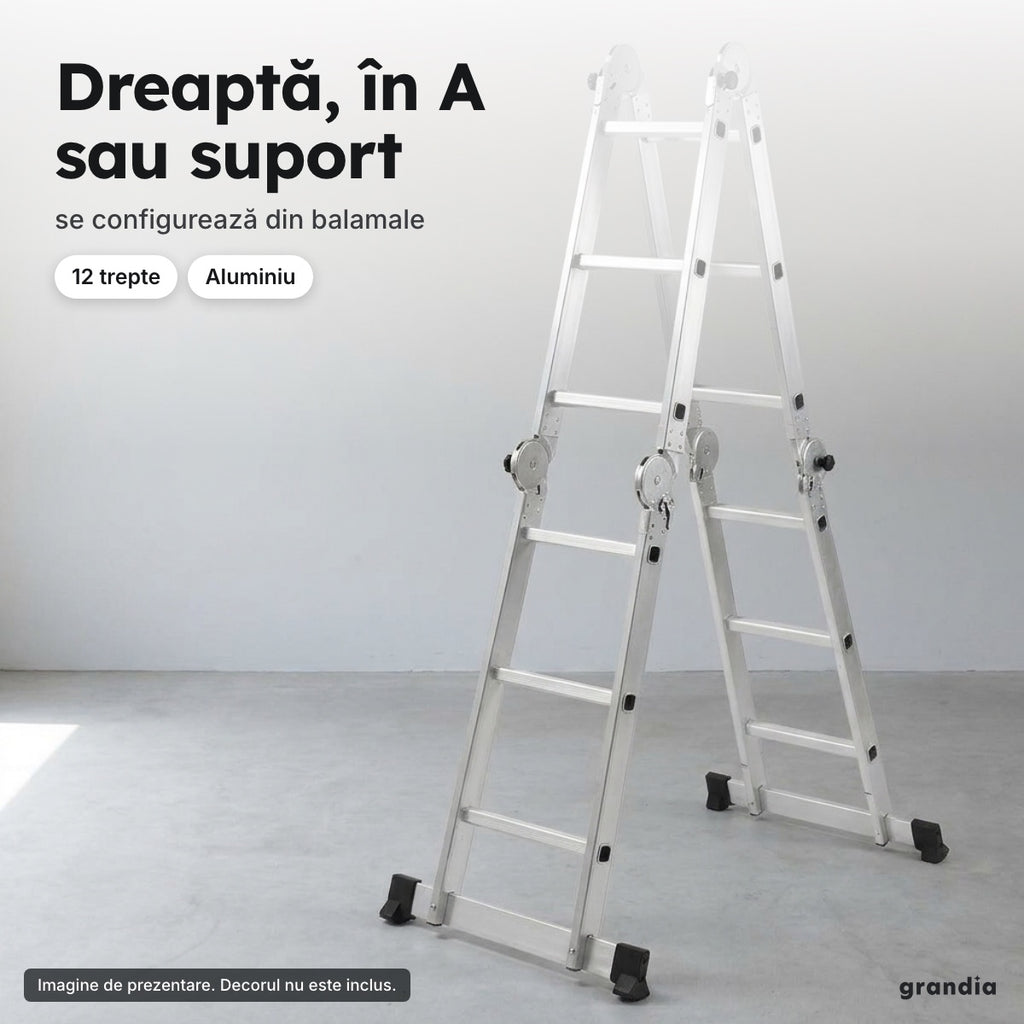 Scară articulată din aluminiu, 12 trepte – Dreaptă, în A sau suport