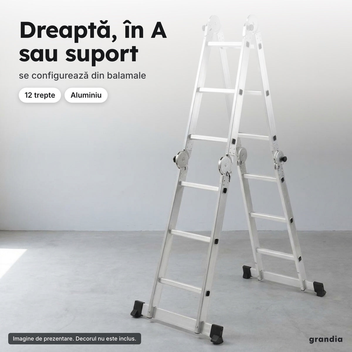Scară articulată din aluminiu, 12 trepte – Dreaptă, în A sau suport