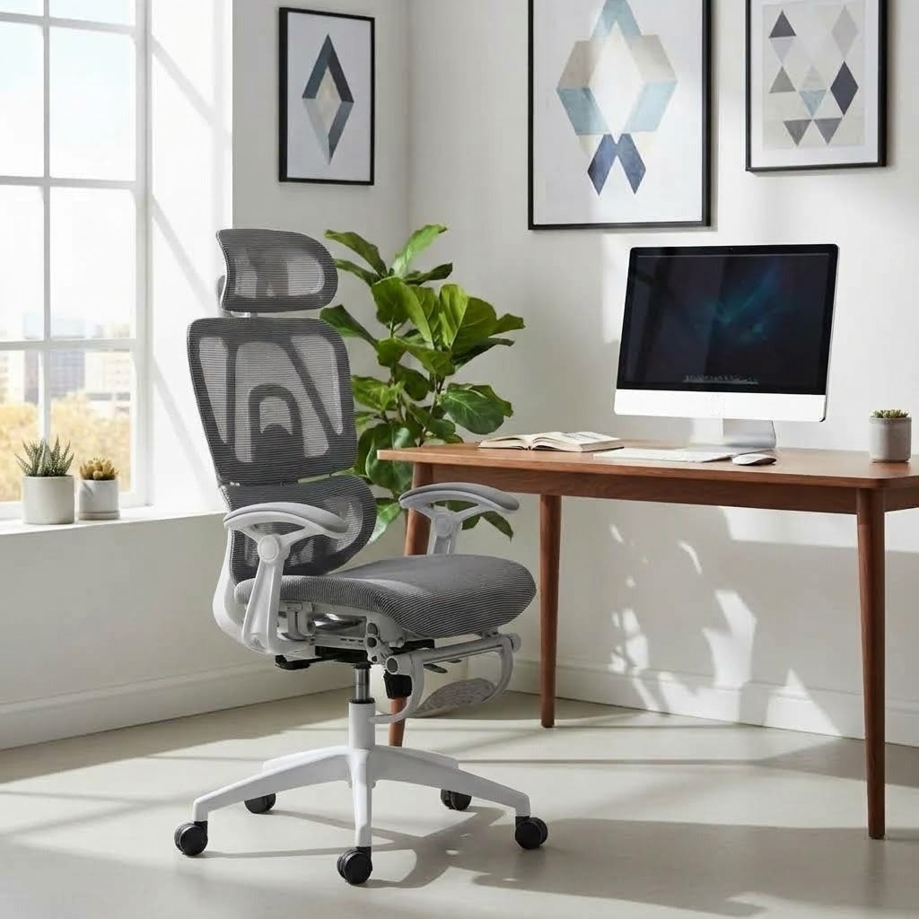 Scaun de birou ergonomic mesh cu suport lombar, tetieră 3D și suport de picioare, alb-gri