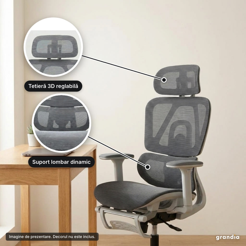 Scaun de birou ergonomic mesh, alb-gri – detalii de aproape