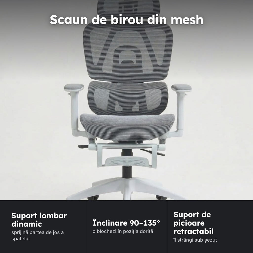 Scaun de birou ergonomic mesh, alb-gri – Scaun de birou din mesh